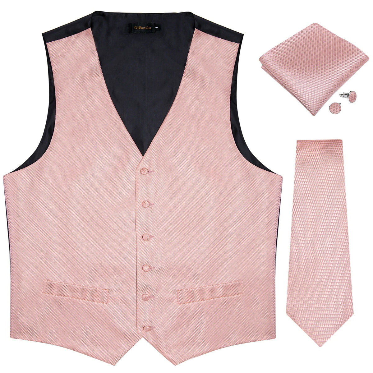 Men's Suit Vest Set with Tie, Handkerchief & Cufflinks for Wedding & Banquet