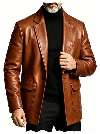 Men's PU Leather Blazer Single Breasted Slim Fit Notched Collar Suit Jacket Motorcycle Sport Coat For Formal Business Party