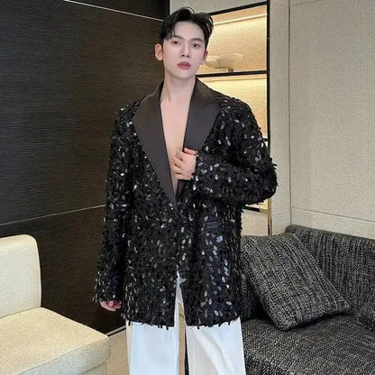 Design Patchwork Burr Original Casual Shoulder Pad Sequin Blazer Coat Men's 2025 Autumn Fashion Temperament Jacket JY7384