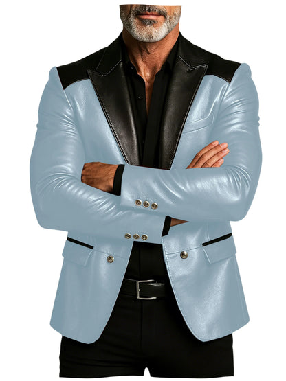 Men's PU Leather Blazer Patchwork Double Breasted Flap Pockets Notched Lapel Slim Fit Business Casual Suit Jacket Male Outerwear