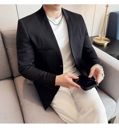 Chinese Style Collarless Suit Jacket Men Fashion Slim Fit Versatile Blazers Male Casual Business Wedding Groom Dress Jacket 2025