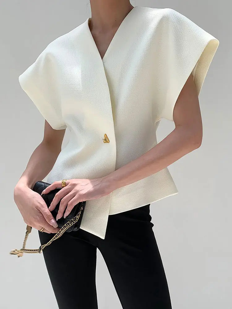 Summer French Asymmetric Blazer Vest Coat Women Drop Shoulder Sleeve Waistcoat One Button Waist Slim Fashion White Top