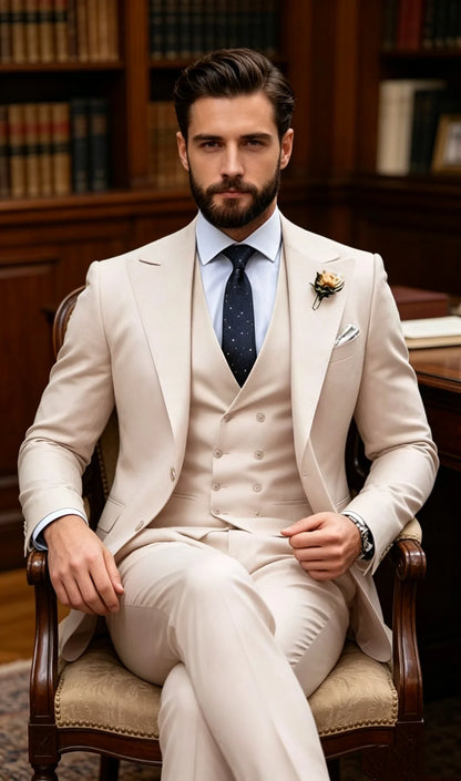 3 Pieces Set Beige Formal Slim Fit Tuxedo Prom Suit Men Groom Wedding Blazers High Quality Groomsman Business Banquet Party Suit