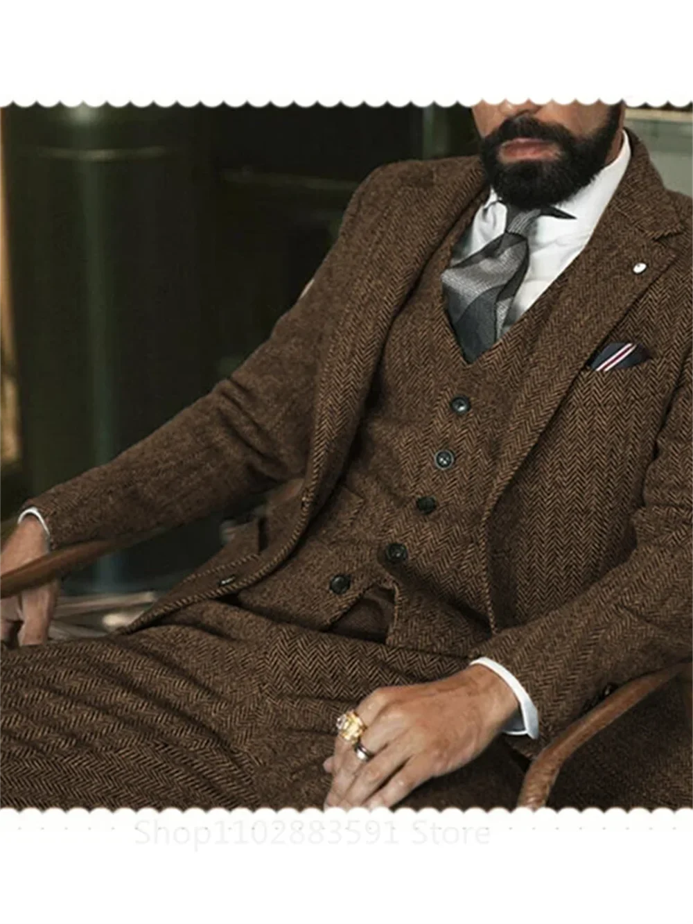 Costume de mariage 3 pièces homme (Veste + Gilet + Pantalon) en tweed de laine gris - Motif chevrons, formel, pour marié
