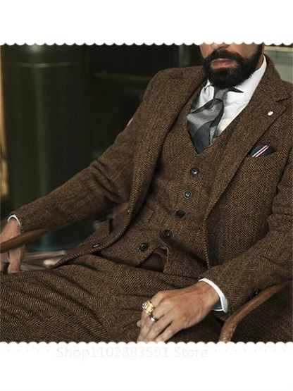 Costume de mariage 3 pièces homme (Veste + Gilet + Pantalon) en tweed de laine gris - Motif chevrons, formel, pour marié