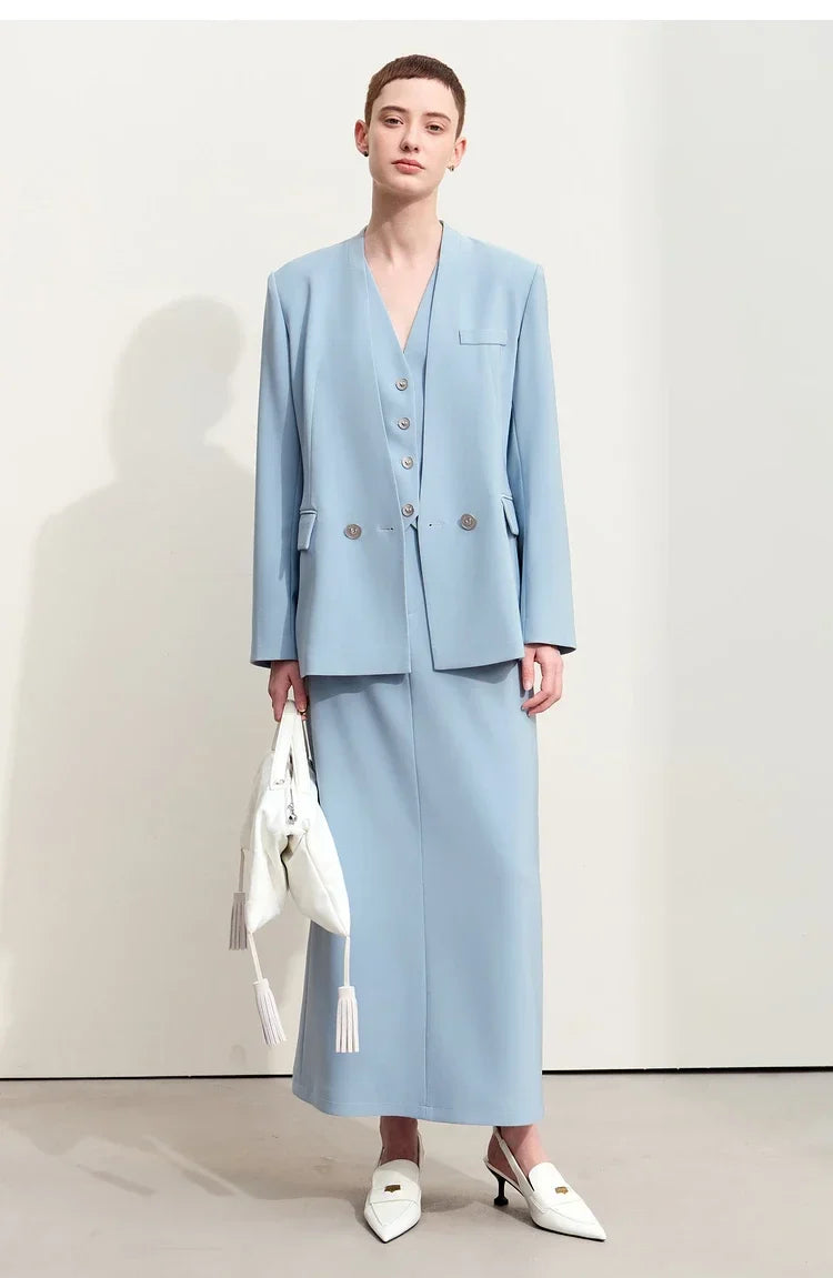 Minimalism Blazers For Women 2026 Autumn New Commuter V-neck Heart-shaped Buckle Shoulder-pad Professional Jackets 12453042