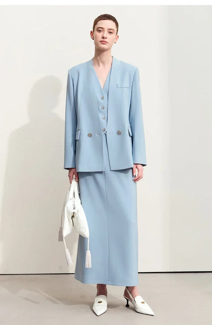 Minimalism Blazers For Women 2026 Autumn New Commuter V-neck Heart-shaped Buckle Shoulder-pad Professional Jackets 12453042
