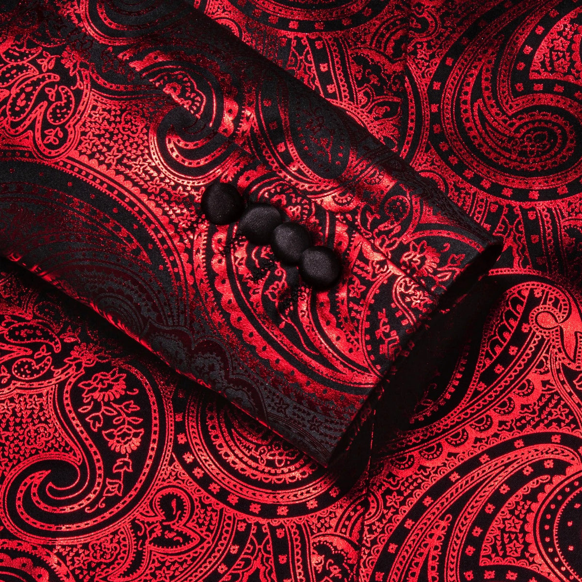Red Paisley Jacquard Mens Tuxedo Blazer, Black Satin Shawl Lapel Single Button Slim Suit Jacket for Wedding Stage Banquet Party