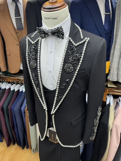 Dazzling Luxury Beaded Suit Set 3 Pieces Jacket Vest Pants For Men Dancing Wear Graceful Black Men's Suits Fashionable Tuxedo