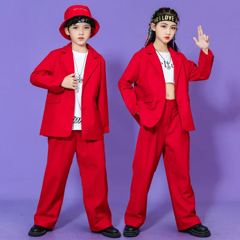 Hip Hop Boys Solid Suit Jacket Outfits Girls Loose Blazer Street Dance Pants Clothes Sets Children Streetwear Kids Jazz Costumes