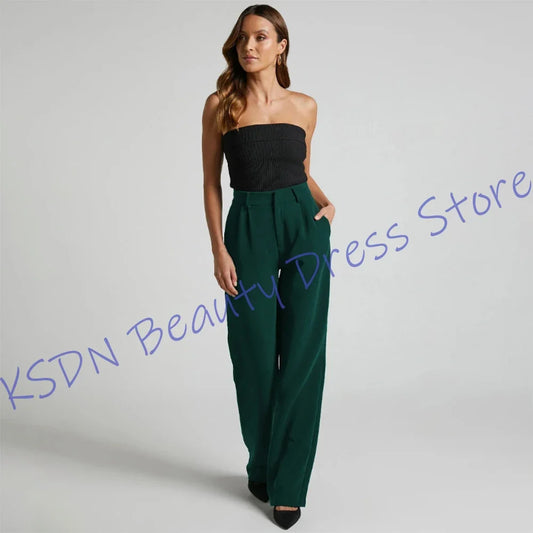 Trendy Dark Green Oversized Women's Blazer Set Loose Fit Two-Piece Single Button Pants Suit Casual Formal Daily Outfit