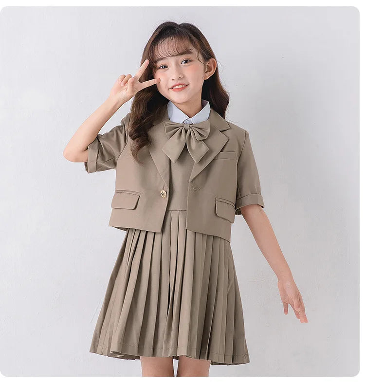 Child School Uniform Girls Korean Jacket Pleated Dress Summer Outfits Boys Blazer Formal Suits Shorts Kids Student Clothes Sets