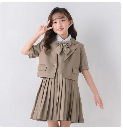 Child School Uniform Girls Korean Jacket Pleated Dress Summer Outfits Boys Blazer Formal Suits Shorts Kids Student Clothes Sets