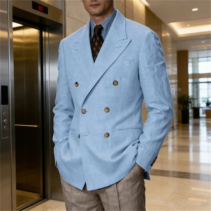 Men Linen Blazer Double Breasted Jacket Lightweight Soft Slim Coat For Business Wedding Casual Daily Party Vacation Dating