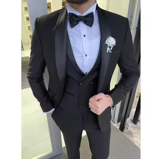Costume 3 Pièces Homme Revers Cranté Coupe Cintrée Smoking Formel d'Affaires Garçon d'Honneur Pour Mariage (Veste+Gilet+Pantalon)