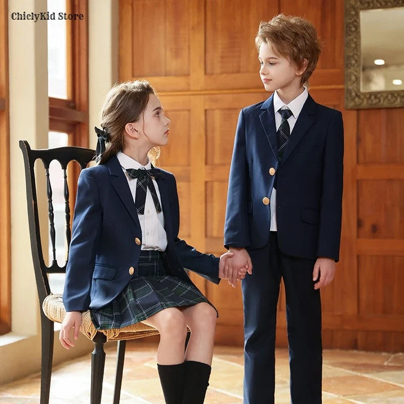 Girls Jacket Plaid Skirts Suits Boys Blazer Formal Dress Toddler Student Clothes Sets Children School Uniform Kids Class Outfits
