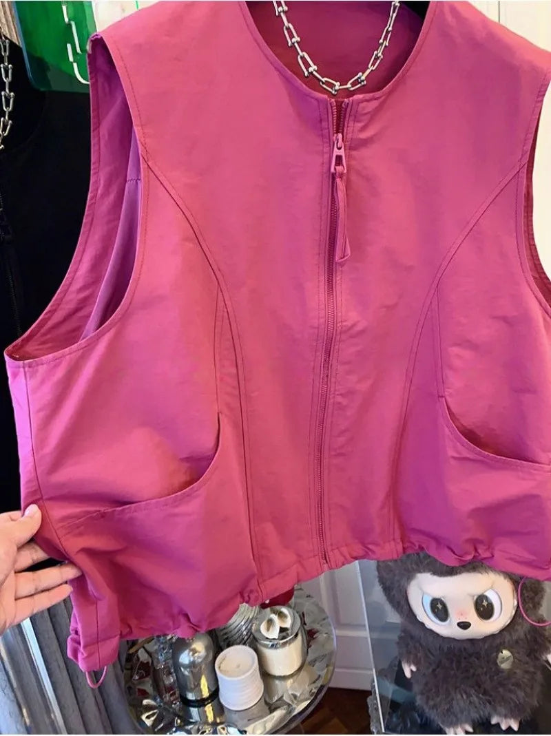 Women's Vest 2026 New Solid Color Round Neck Zipper Loose Sleeveless Jacket Vest Female Casual Tops Ladies Waistcoat Outerwear
