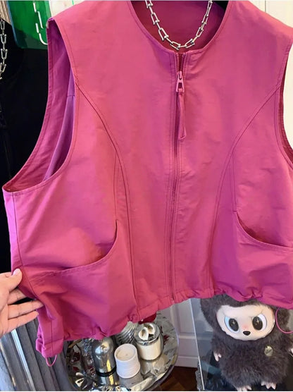 Women's Vest 2026 New Solid Color Round Neck Zipper Loose Sleeveless Jacket Vest Female Casual Tops Ladies Waistcoat Outerwear
