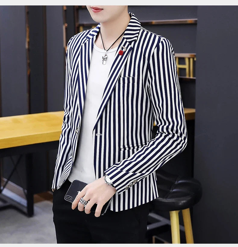 Men's Slim Fit Striped Casual Suit Jacket Korean Fashion Four Seasons New Boutique Handsome Small Suit