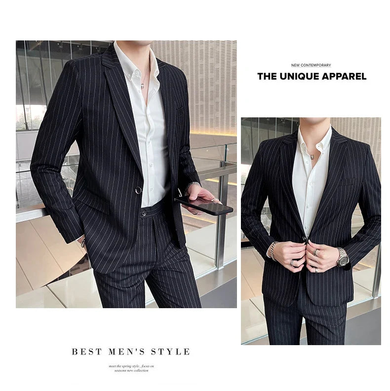 Men's Fashion High-Quality Slim Fit Two-Piece Suit Set Spring Autumn Stripes Business Casual Trousers And Jacket Combo