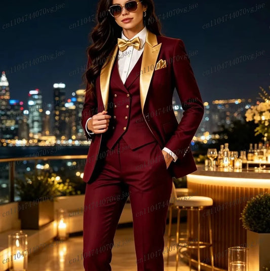 Gold Collar And Burgundy Formal Business Women Suit Wedding Party Prom Ladies Mother Girl Tuxedos 3 Piece Set Blazer Vest Pants