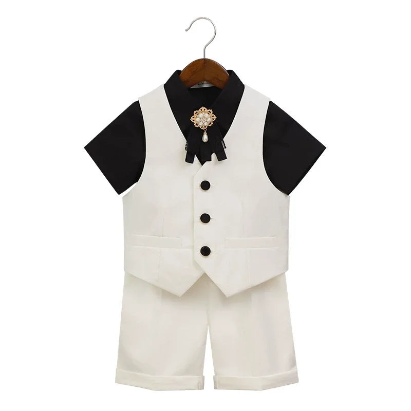 Boys Pure White Suit Set Kids Wedding Birthday Ceremony Party Performance Costume Childre's Piano Performance Costume