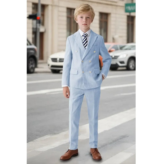 Seersucker Boy Suits 2 Piece Double Breasted Pinstripe Clothing Slim Fashion Breathable Casual Formal Wedding Party Kids Clothes