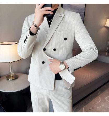 (Jacket + Vest + Pants)Three Piece Set Men Blazers Set stripe Suits Busines Casual Slim Fit Formal Dress Groom Tuxedo Wedding