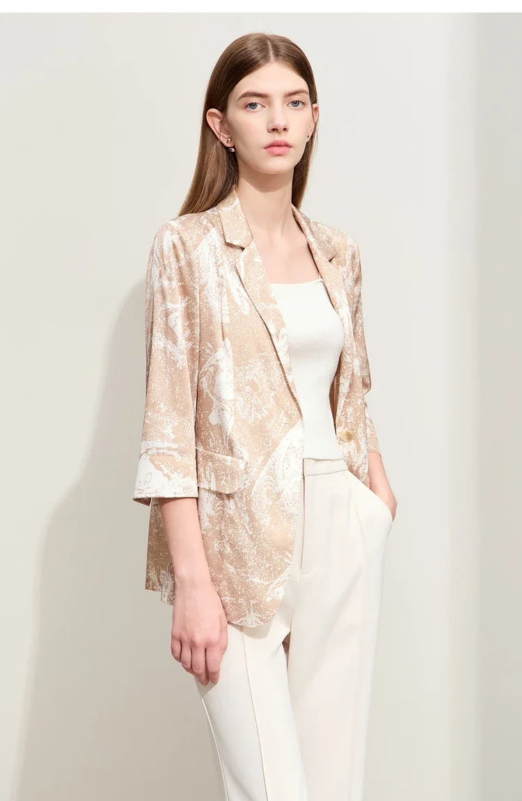 Minimalism Silk Blazers 2026 Summer Notched Printed Basic Fashion Jacket Three Quarter Women Office Lady Blouse 12452146
