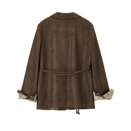Women's Suede Casual Blazer Notched Lapel Loose Mid Length Outerwear 2026 Autumn New Brown Ladies Coat W63XC8300