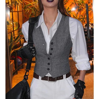 Korean Ladies Fashion Solid Color Vest Coat Summer Women V-neck Suit Sleeveless Outwear Spring Female Cardigan Waistcoat Jacket
