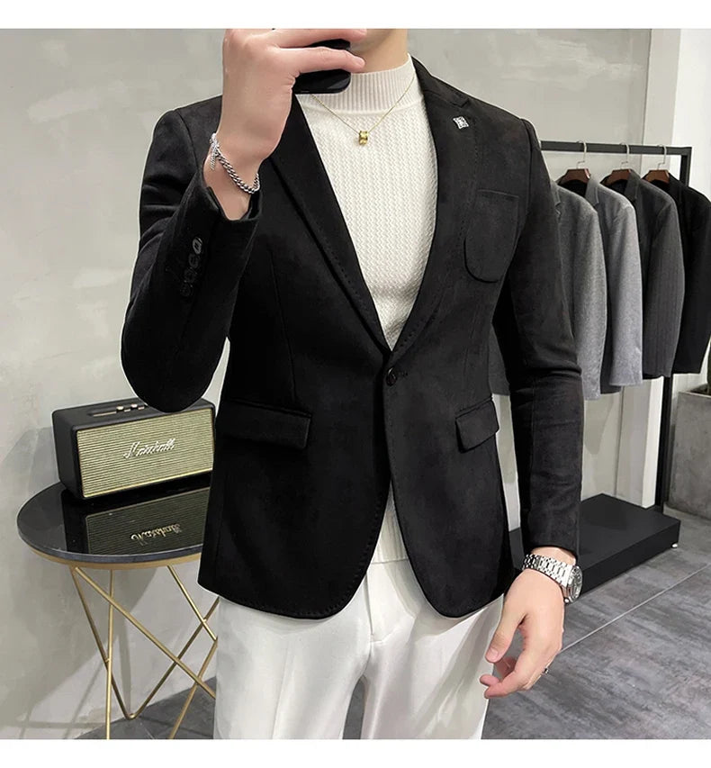 2023 Spring Suede Suit Jacket Men Casual Business Slim Fit Blazer Deerskin Leather Jacket Men Wedding Street Wear Social Coat