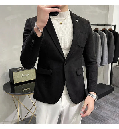 2023 Spring Suede Suit Jacket Men Casual Business Slim Fit Blazer Deerskin Leather Jacket Men Wedding Street Wear Social Coat