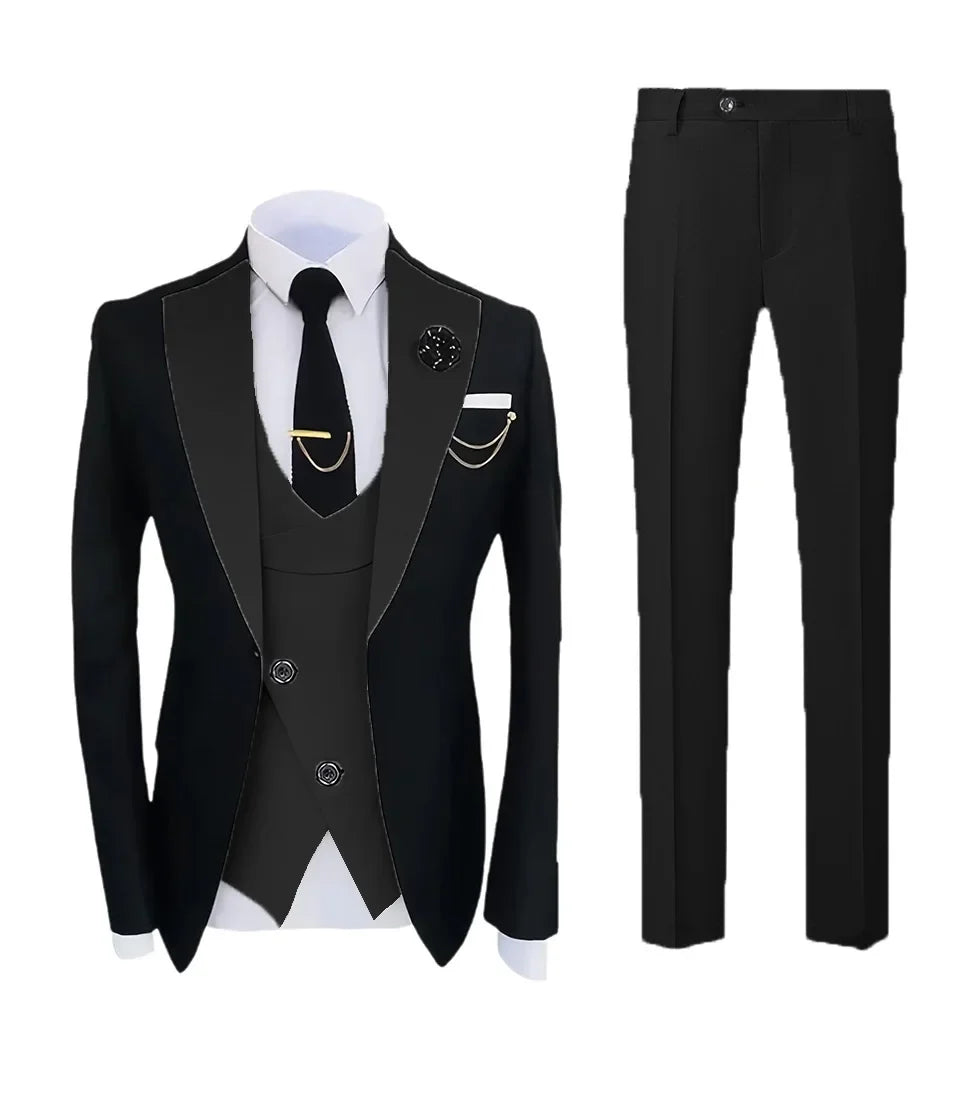 Mens Pant Suit Classic Contrast Flat Collar Blazer Jacket Slant-breasted Vest Trousers 3 Piece Set for Wedding Groom Groomsmen