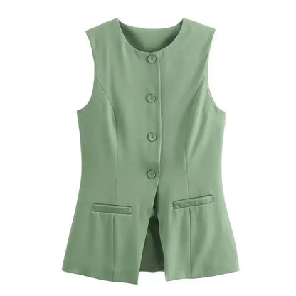 Women’s Vest Button Waistcoat Outwear Sleeveless Round Neck Solid Color Slim Fit Tops Chic  Casual Suit Vest Tops