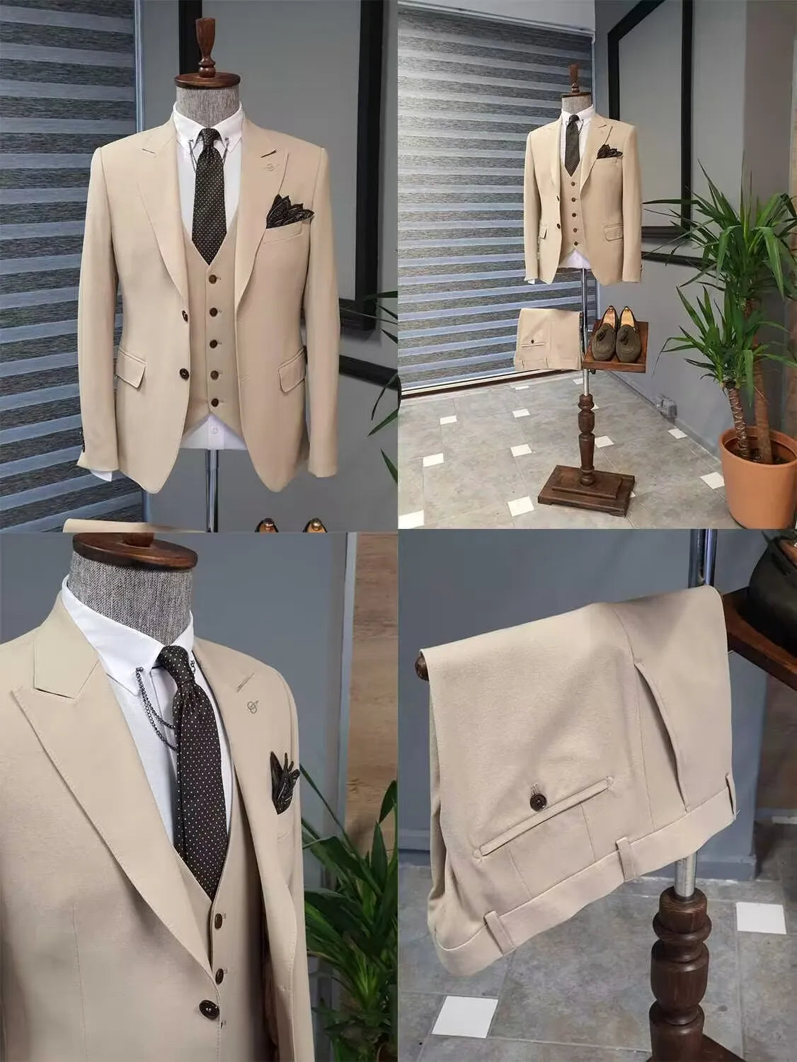 Formal Khaki Men Wedding Suits Groom Tuxedos Slim Fit Business Suits Peak Lapel Jacket 3 Piece Costume Homme (Blazer+Pants+Vest)