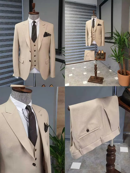 Formal Khaki Men Wedding Suits Groom Tuxedos Slim Fit Business Suits Peak Lapel Jacket 3 Piece Costume Homme (Blazer+Pants+Vest)