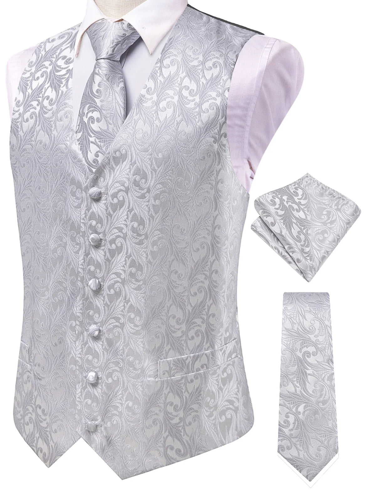 Men's Jacquard Vest 3-Piece Set – Satin Formal Waistcoat with Tie & Pocket Square for Weddings
