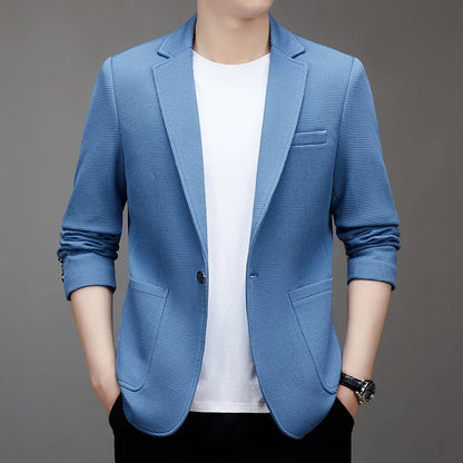New men's suit jacket with non-stretch flat collar, waffle pattern, for business casual and fitted formal wear.