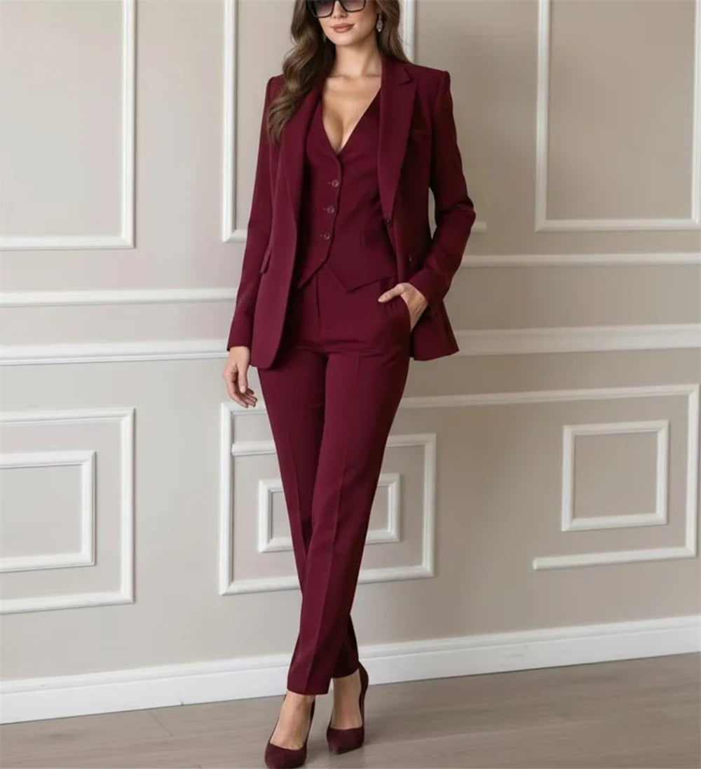 New Women's Burgundy Suits 3 Pcs Slim Fit Workwear Business Party Pantsuit Wedding Guest Outfit (Jacket+Vest+Pants) Tailor Made