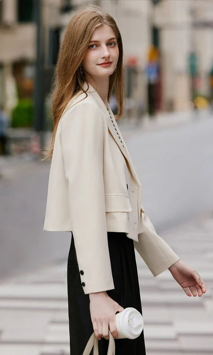 Premium Solid Color Women's Petite Double Breasted Short Blazer 2025 Fall New Arrival High Quality Fashion Office Wear Youthful