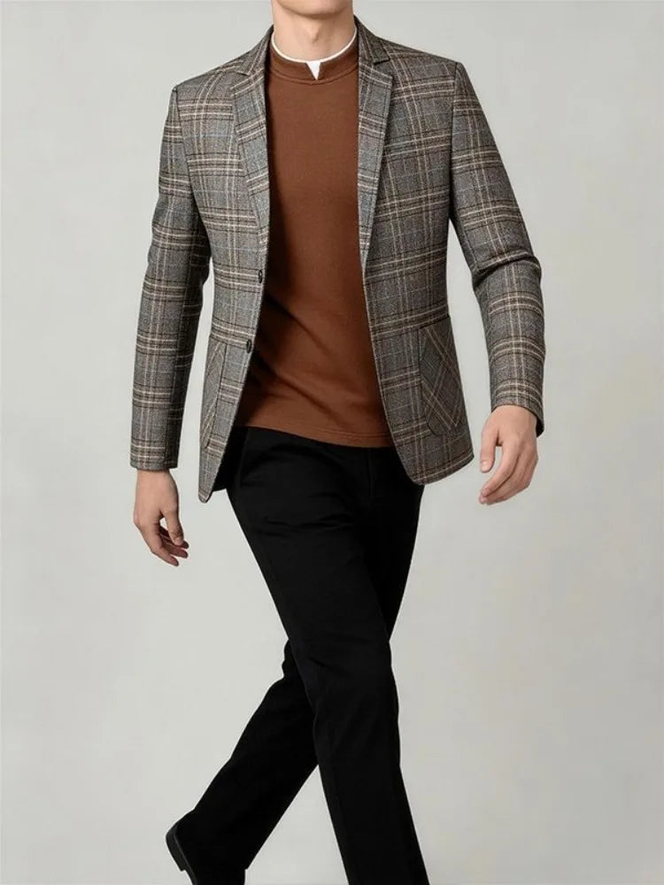 2026 Spring Autumn New Men's Business Casual Plaid Blazer Wrinkle-Free Suit Jacket Youth Single Suit Outerwear Spring Wear