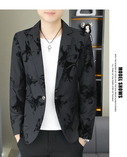 Blazer Men's Fashion Gentleman Business Outdoor Travel Print Wedding Slim-fit Korean Trend Handsome Youth Casual Blazer
