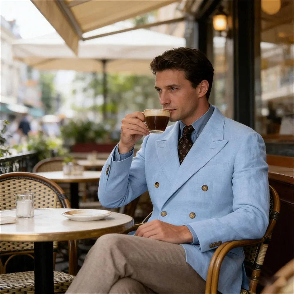 Men Linen Blazer Double Breasted Jacket Lightweight Soft Slim Coat For Business Wedding Casual Daily Party Vacation Dating
