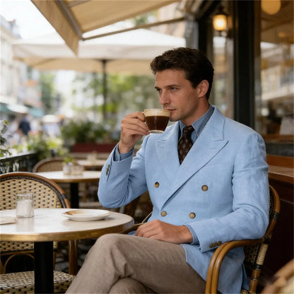 Men Linen Blazer Double Breasted Jacket Lightweight Soft Slim Coat For Business Wedding Casual Daily Party Vacation Dating