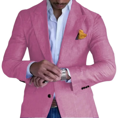 Men's Slim Fit Linen Suit Jacket – Single Button Peak Lapel for Wedding & Beach Events