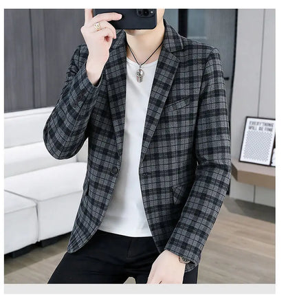 Men's Smart Casual Plaid Blazer – Single Breasted, Slim Fit, Spring Autumn