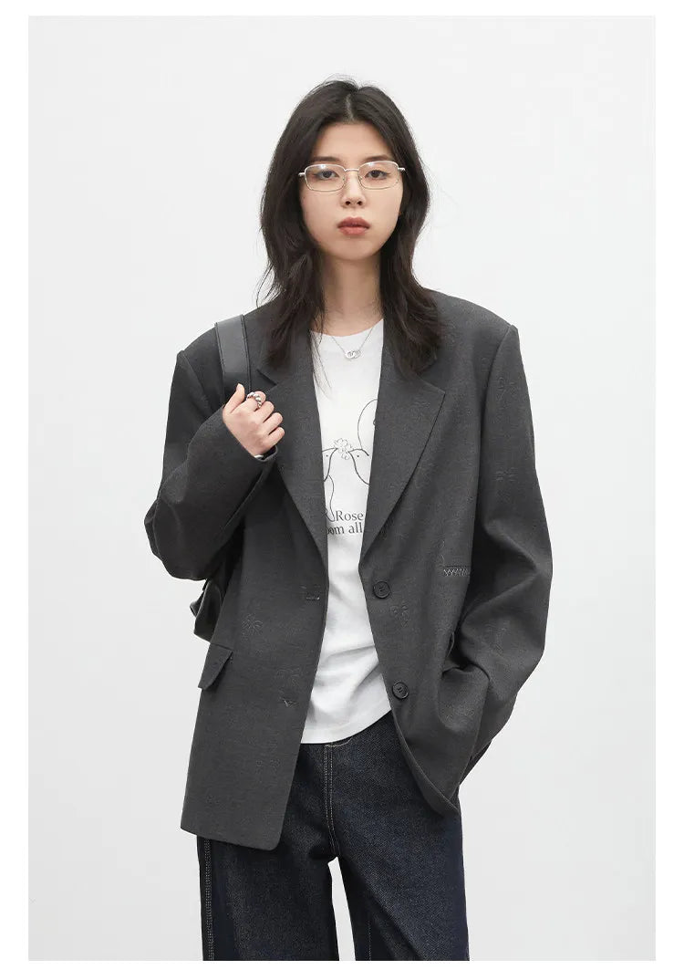Fashion Women Blazers Loose Casual Design Bow Embossed Office Ladies Suit Jacket Gray Spring Autumn 2026 Female Coat