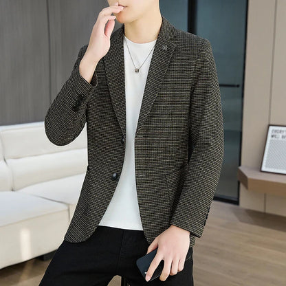 Men's Blazer Slim Fit Korean Style Single Breasted Smart Casual Black Khaki Spring Autumn