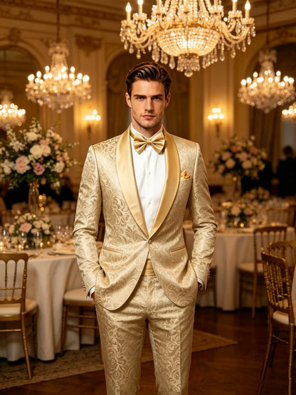 2 Piece High Quality Champagne Jacquard Men Suits Smart Casual Single Breasted Shawl Lapel Blazer with Pants for Wedding Party